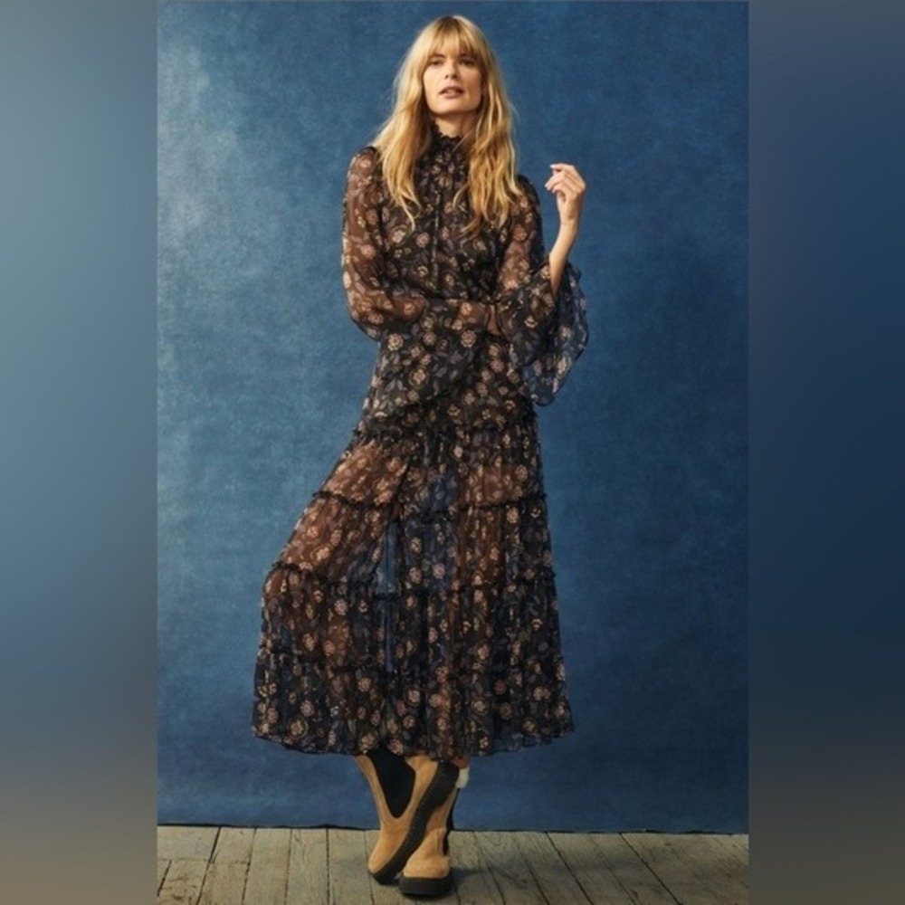 Misa Los Angeles Bethany Floral Chiffon Midi Dress Floral Black Size Medium